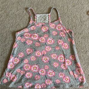 SO- tank top, grey with pink and white flowers, lacey back, size 12 girls